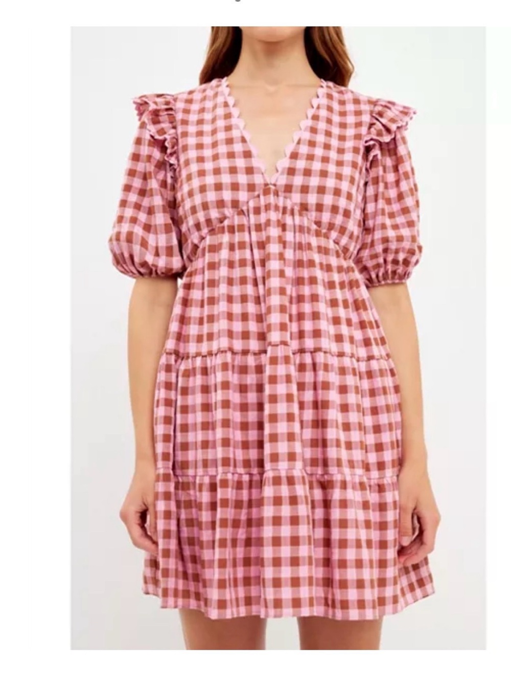 English Factory Pink and Brown Gingham V‑Neck Tiered Mini Dress